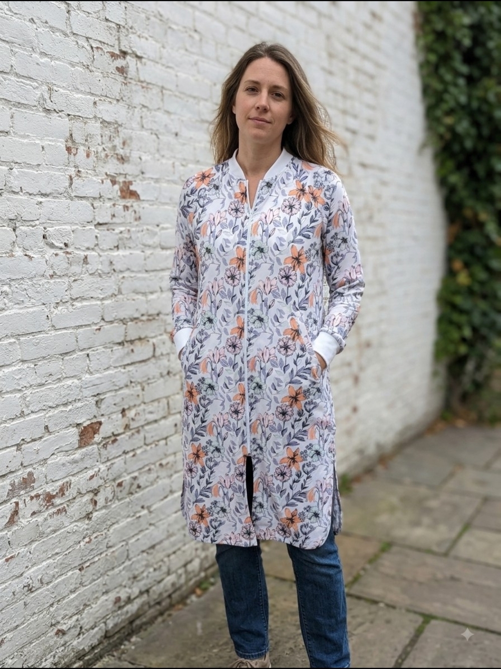 Diadora Luxe Collection Women's Floral Botanical Long Duster Bomber Jacket